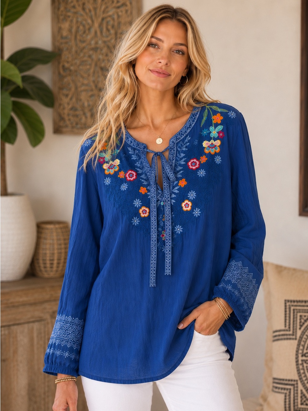 Johnny Was Embroidered Blue Boho Peasant Tunic Blouse XL